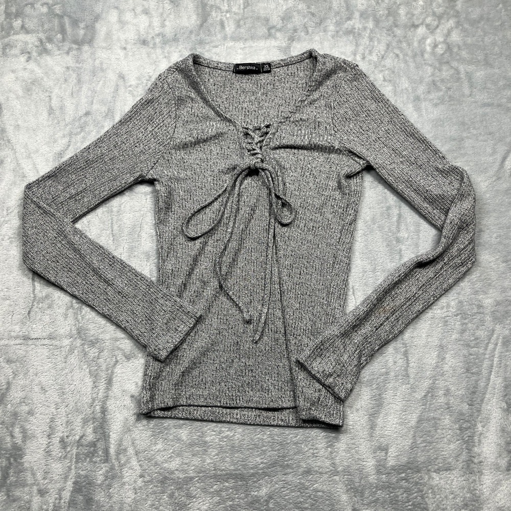 Bershka Lace Up Top Womens XS Grey‎ Ribbed Knit Long Sleeve V-Neck Slim Fit